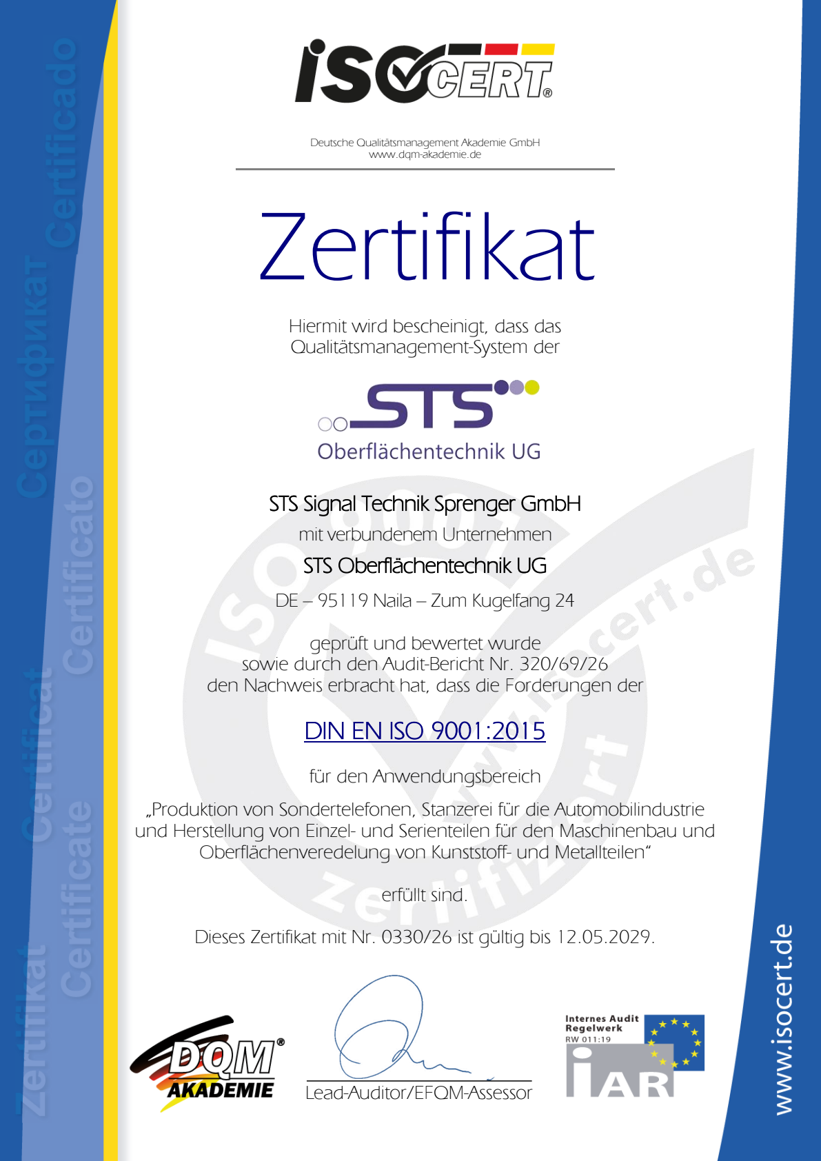 Originalzertifikat Nr. 0330/26 für STS Signal Technik Sprenger GmbH mit verbundenem Unternehmen STS Oberflächentechnik UG, gültig bis 12.05.2029